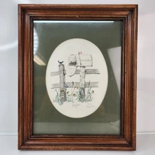 VTG Art 1978 Pencil Drawing Picture Country Mailbox & Fence Framed Sketch Signed