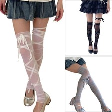 Elegant Sheer Mesh Thigh High Leg Warmers with Tie Straps Long Socks For Women