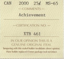 CANADA 25 CENT 2000 ACHIEVEMENT ICCS CERTIFIED MS-65; ID XTB 461
