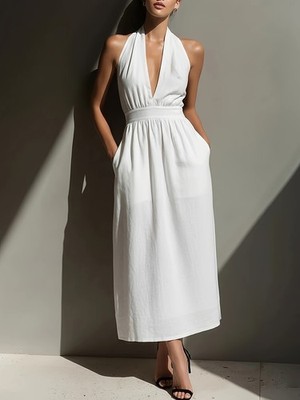 Women's Solid Color Halter Neck Off-Shoulder Dress