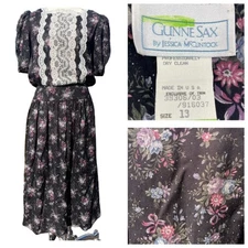 Vintage GUNNE SAX Juniors (13/M) Black Floral Puff Sleeve Cottage Lace Trad USA