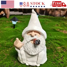 Smoking White Wizard Gnome Middle Finger Lawn Ornament Statue Garden Yard Decor