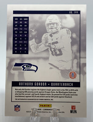2020 Panini Luminance Seahawks Rookie Auto Anthony Gordon #265/299