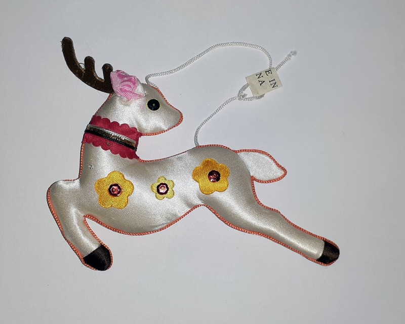 Vintage Silvery White Satin Reindeer Deer Christmas Ornament 1970s - 1980s