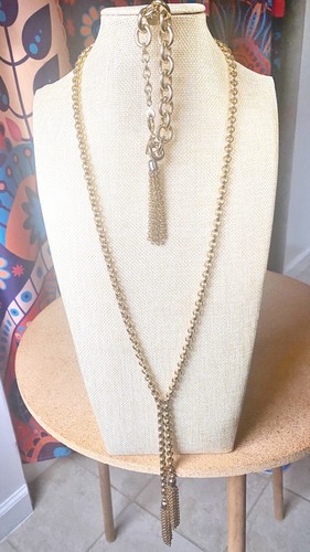SYLVIA BENSON LONG GOLD LARIAT TASSEL NECKLACE BRACELET SET CABLE LINK CHAIN VTG