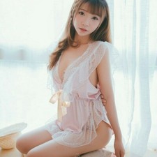 Women Satin Lace Ruffle Bodysuit Leotard V Neck Sleeveless Crotchless Nightwear