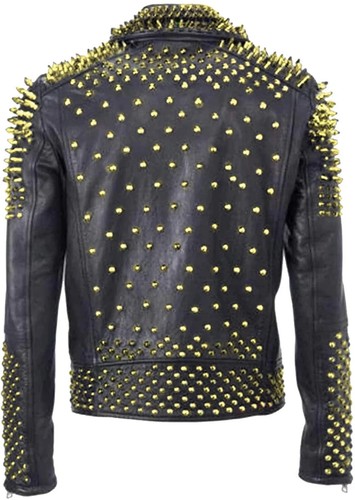 Handmade Men Golden Biker Brando Punk Biker Full Black Gold Studded Biker Leathe - Picture 2 of 3