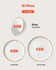 New Dinnerware Set, Service New 6 (18 PCS), Round Plates and Bowls Sets, Scratc