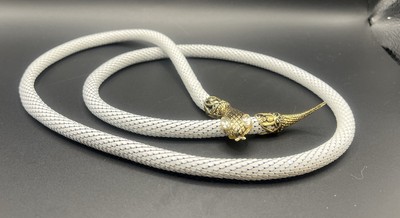 DL  AULD Snake White 43.25'' Belt/Necklace Enamel Mesh Rhinestone Eyes Signed