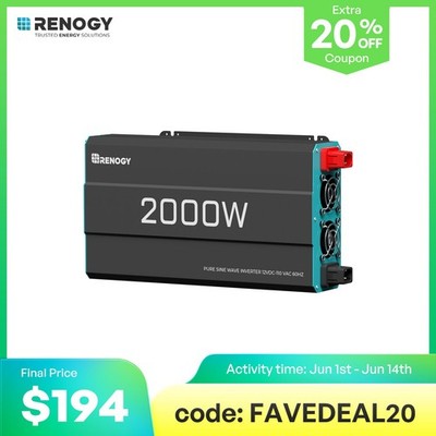 Renogy 2000W Pure Sine Wave Inverter 12V DC to 120V AC Converter Remote Control