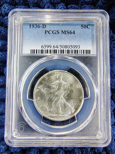 1936-D Walking Liberty Silver Half Dollar - Denver - PCGS MS 64 - Blast White
