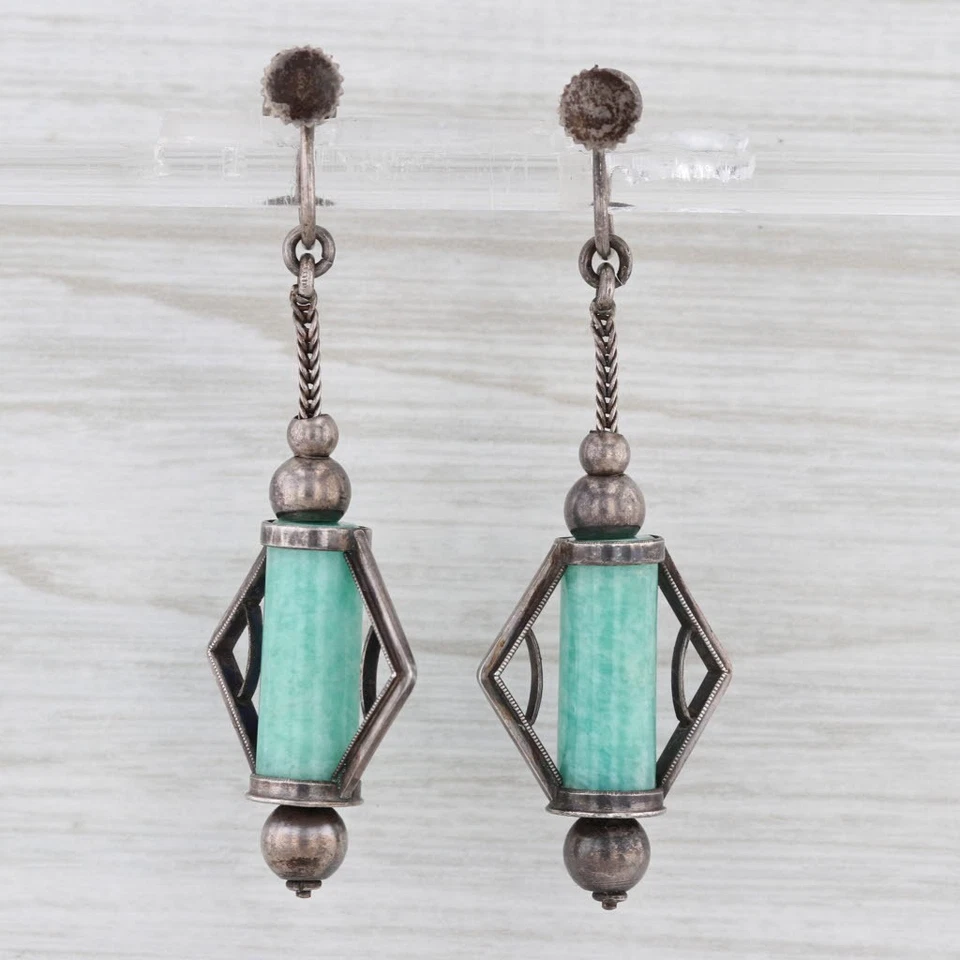 Vintage Amazonite Dangle Earrings Sterling Silver Screw Back Non Pierced As Is - Image 3 of 4