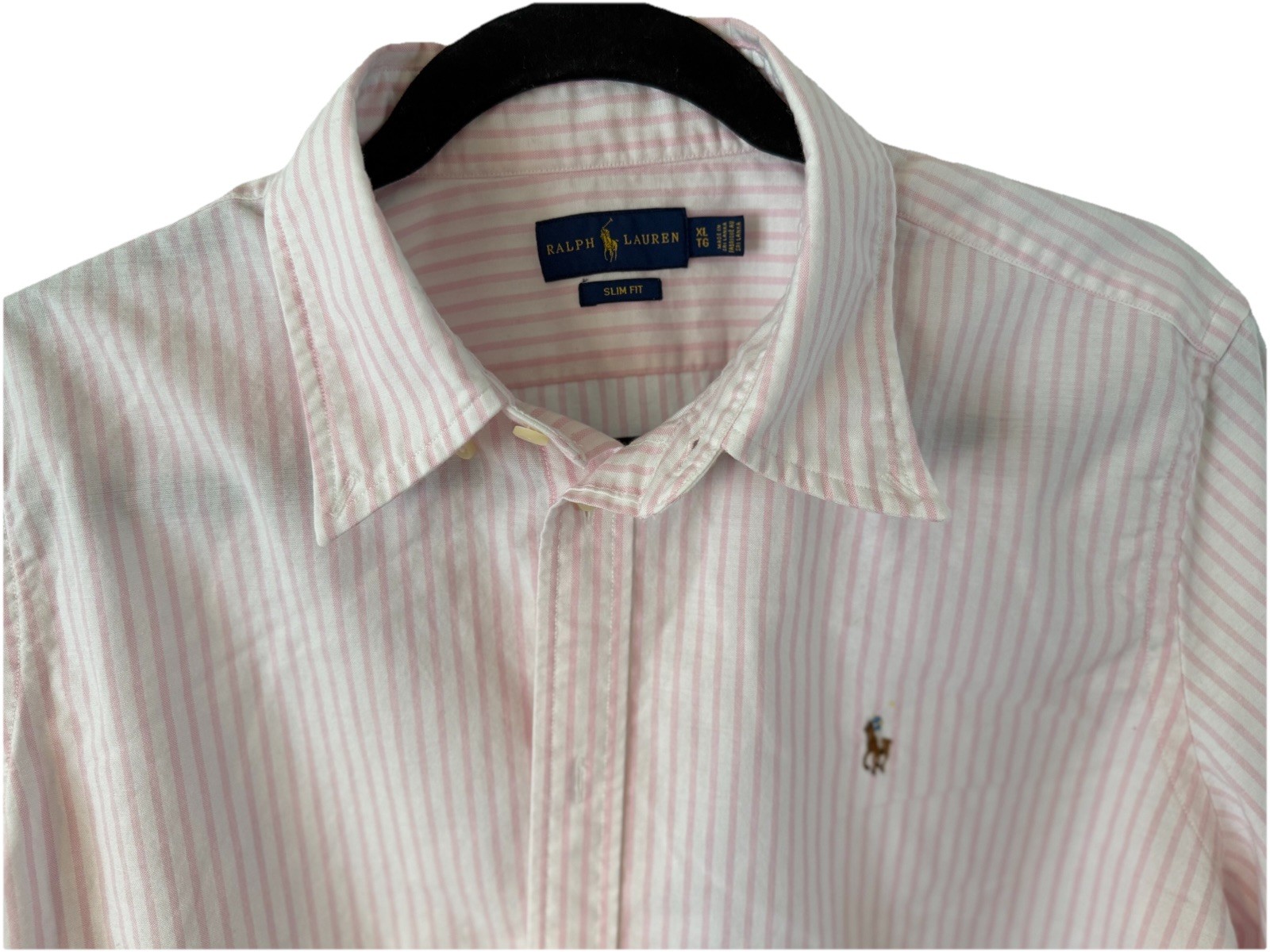 Polo Ralph Lauren camicia uomo XL rosa righe slim fit manica corta carne pony