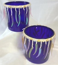Set of 2 Cobalt Blue Glass Votive Candle Holders Iridescent trim beaded decor 3"