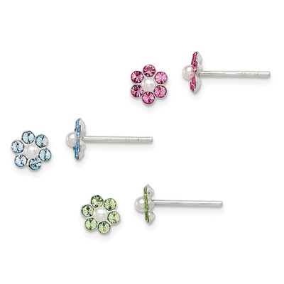 Sterling Silber Stellux Kristall Perle Post Blume 3 Stck. Set Ohrringe