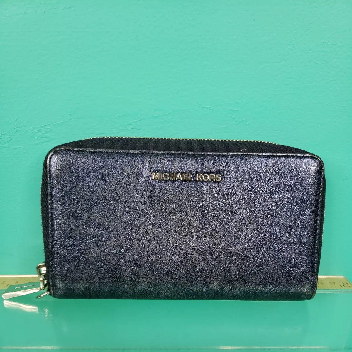 Michael Kors Jet Set Travel Zip Around Large Wallet Metallic Navy