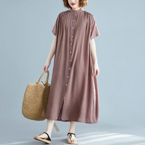 Summer Women Cotton Plus Size Loose Short-sleeved Long Button Cardigan Dress - Bild 8 von 19