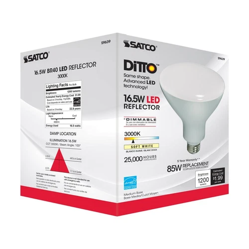 Satco S9639 16.5W =85W BR40 LED Very Wide Flood 103° Medium E26 3000K Warm White - Picture 4 of 10