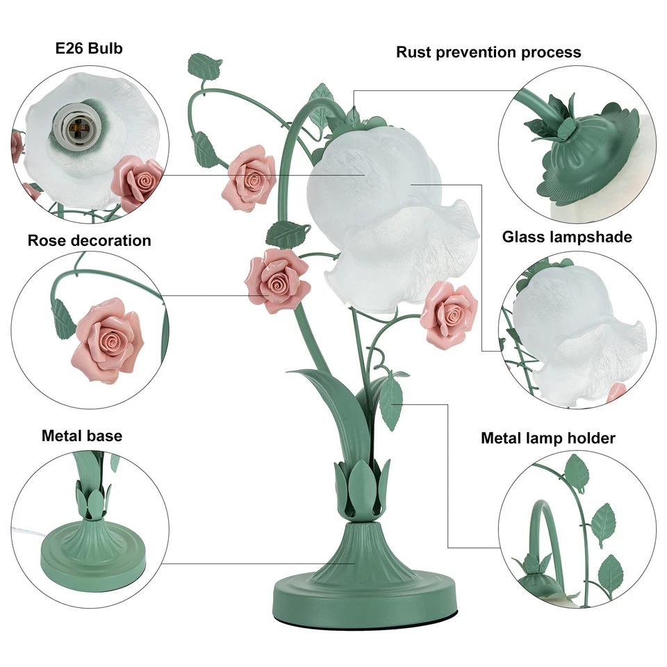 Lámpara de mesa de vidrio con flores luz nocturna de escritorio decoración del hogar con pantalla de vidrio de 5,12" de ancho Foto 3 de 4
