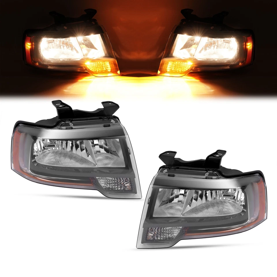 For Ford Expedition 15 16 17 Halogen+LED Headlights w/Bulb Reflector Black LH&RH - Image 2 of 4