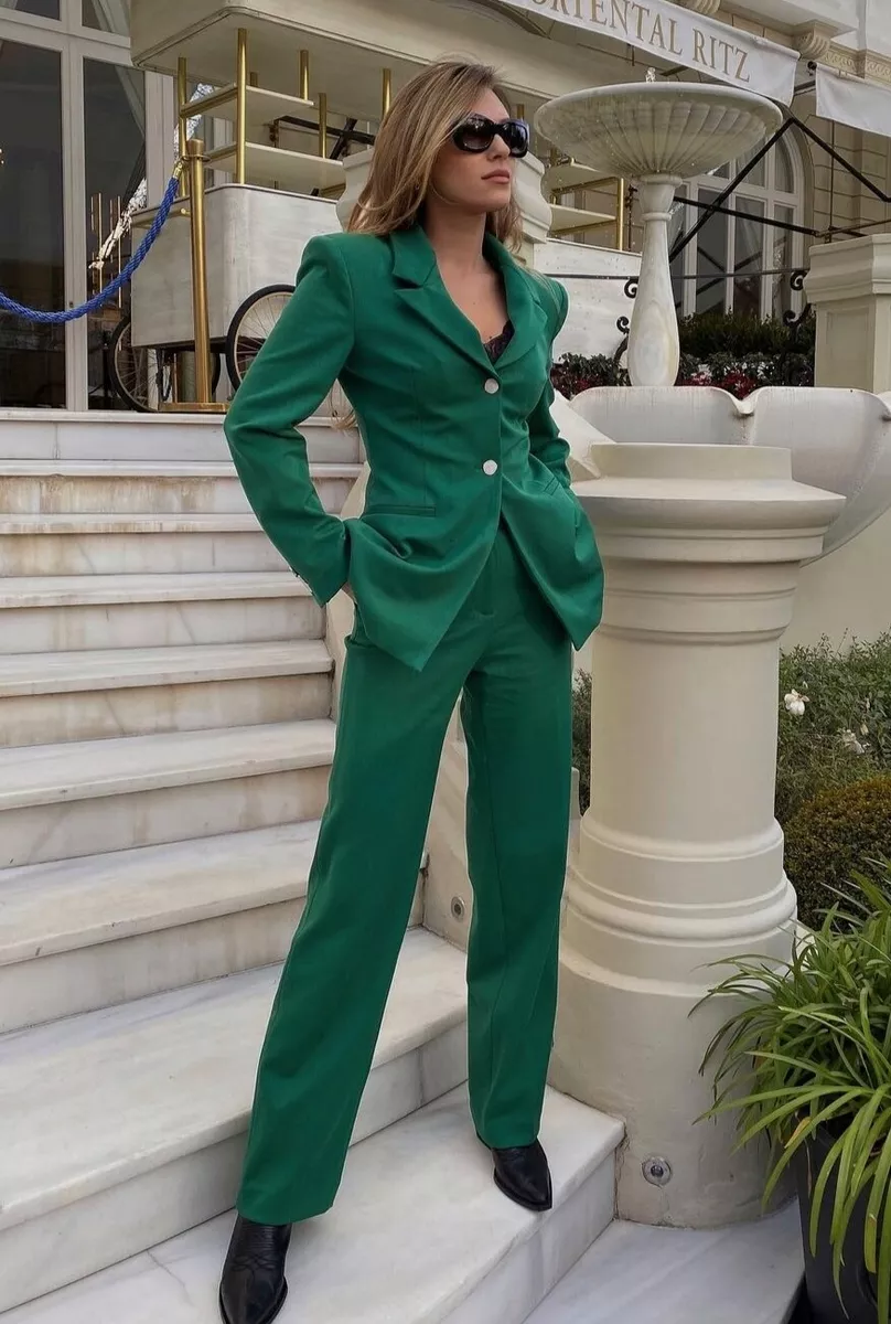Zara 2 Piece Suit Green Blazer And Trousers With Pearly Buttons M / L  Co-Ord | Ebay