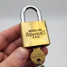 American Lock Padlock 1"L x 0.25"D Shackle A30 Solid Brass 1-3/8" Keyed Alike