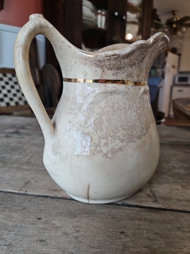 Antique Wht Ironstone Pitcher 8.25” GoldTrim Wonderful Crazing & Discoloration - Picture 10 of 24