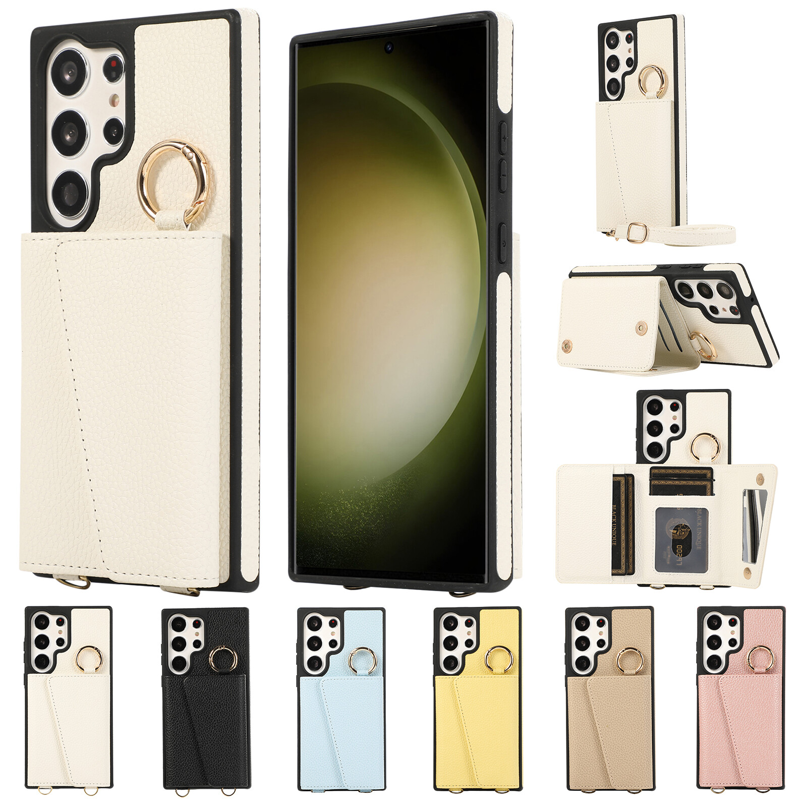 Samsung Galaxy S23 Ultra S22 S21 Plus Crossbody Mirror Flip Wallet Phone Case-image