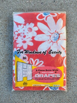NEW Vtg Mid-MOD 3 Pc PLASTIC DRAPES Curtains PINK FLORAL 2 Panels + Valence NOS