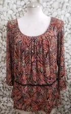 Cato Top Womens Size Large Brown Pink Scoop Neck Elastic Waist Blouse Casual