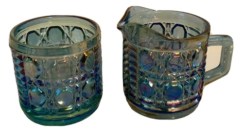 Vintage Indiana Glass Windsor Carnival Iridescent Blue Creamer & Sugar Bowl Set
