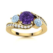 5MM Round Amethyst  Aquamarine 925 Silver Gold Plated Three Stone Women Ring