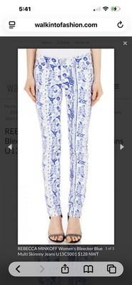 Rebecca Minkoff Blue White Paisley Skinny Jeans Denim 5-Pocket Zip Button