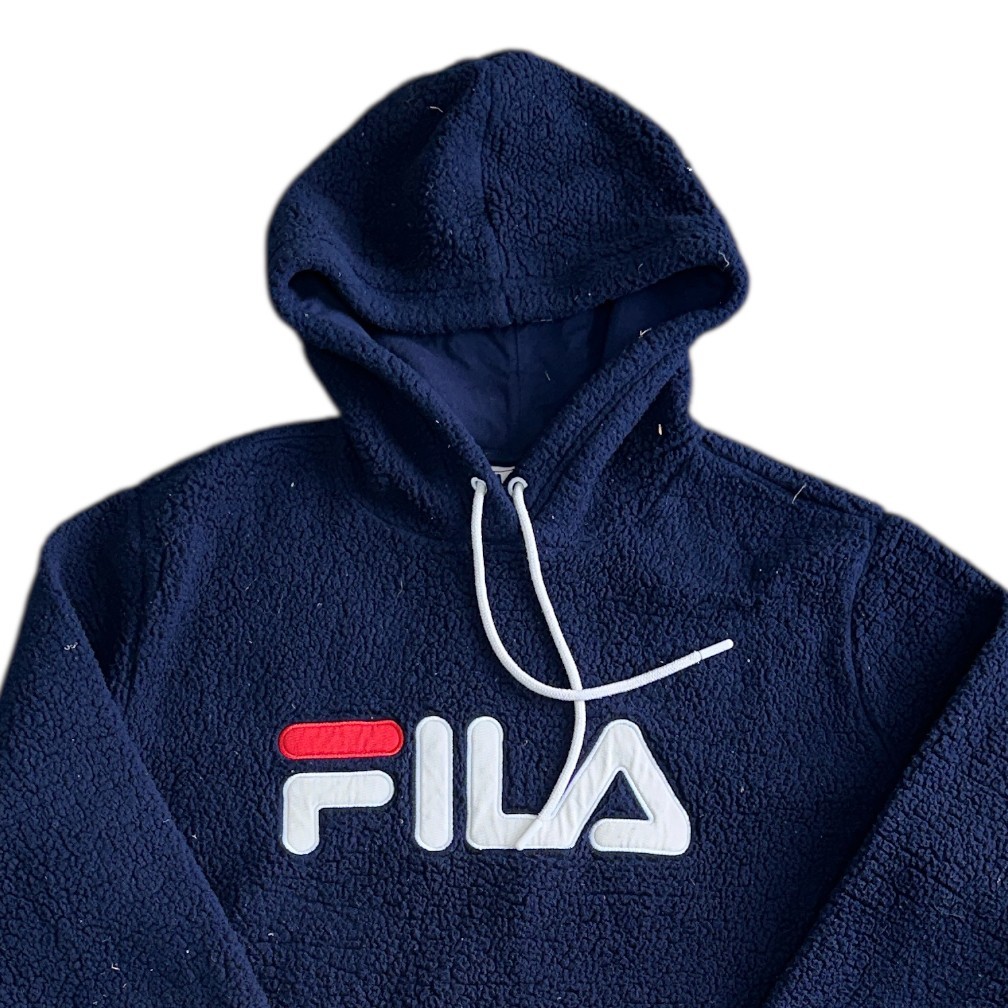 Felpa con cappuccio Fila Sherpa pile grande logo pullover Y2K blu felpa donna grande
