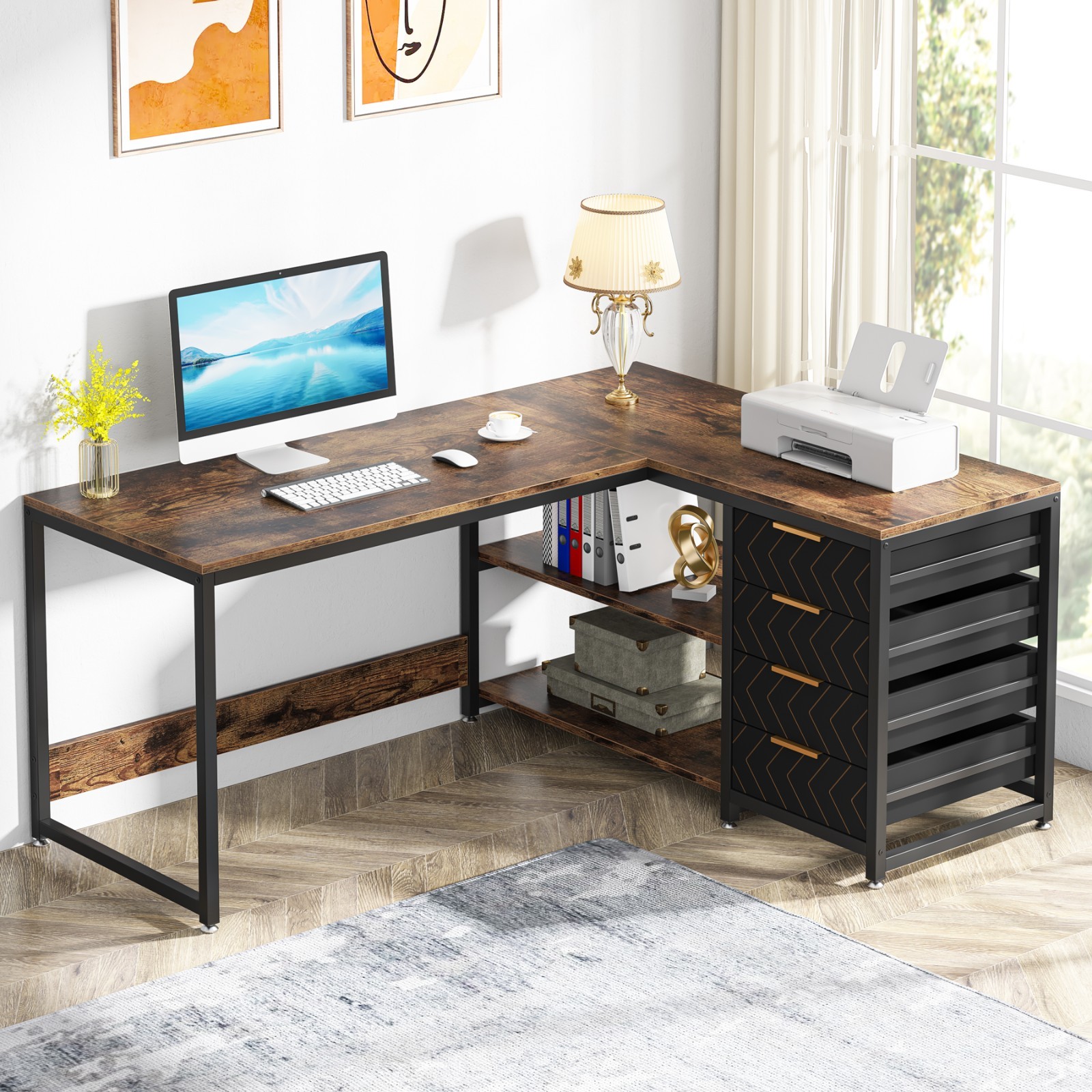 Bureau d'Angle 150 cm Design Industriel pour Télétravail Confortable en Bois
