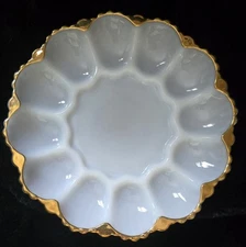 Vintage Milk Glass Gold Trim Scalloped 9 3/4" Deviled Egg Serving Dish Free Ship