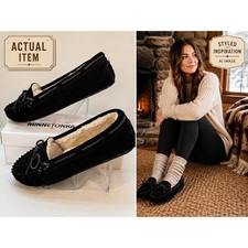 Minnetonka Cally Moccasin Slippers Womens Suede Faux Fur Black 10W NWOB Cozycore