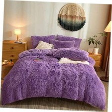 5 PCS Shaggy Duvet Cover Bedding Set - Long Faux Fur Luxury Full/Queen Purple