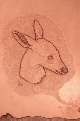 Hand Carved in Leather with Intricate Detailed Design of a Deer Signed PTE
