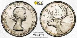 1953 Canada No Strap 25c PCGS MS65
