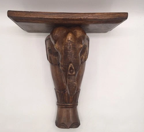 Vintage Large Elephant Shelf Beautifully Hand Carved Wood 14”H X 12”WX 6”D EUC
