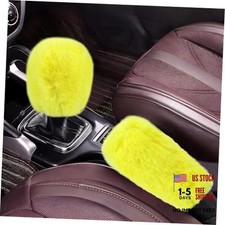 2PCS Fluffy Car Gear Shift Knob Cover  Handbrake Cover, Soft Plush Yellow