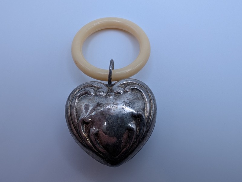 Antique Vintage Metal Heart Baby Rattle w/Celluloid Teething Ring Still Rattles