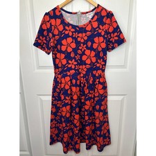 LuLaRoe Women's L Fit & Flare Floral Dress Blue & Red Short Sleeve with Pockets