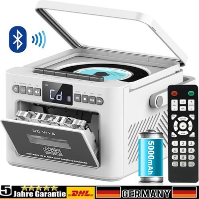 CD Player Tragbar Boombox Kassettenspieler mit UKW Radio Bluetooth 5.1 5000mAh