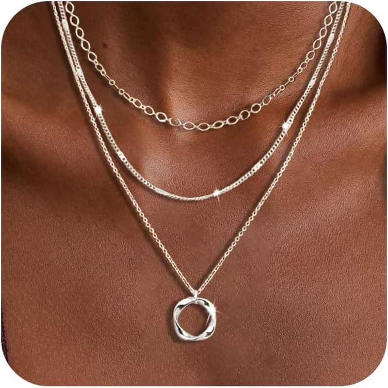 Layered Silver Necklaces for Women, Sterling Silver Stackable Stack Choker Neckl