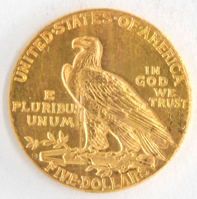 United States 1909-D $5 Indian Head .900 Fine Gold Half Eagle