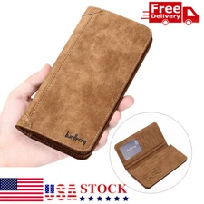 Leather Long Bifold Wallet for Men Cash Card Wallet Checkbook Credit Card Holder