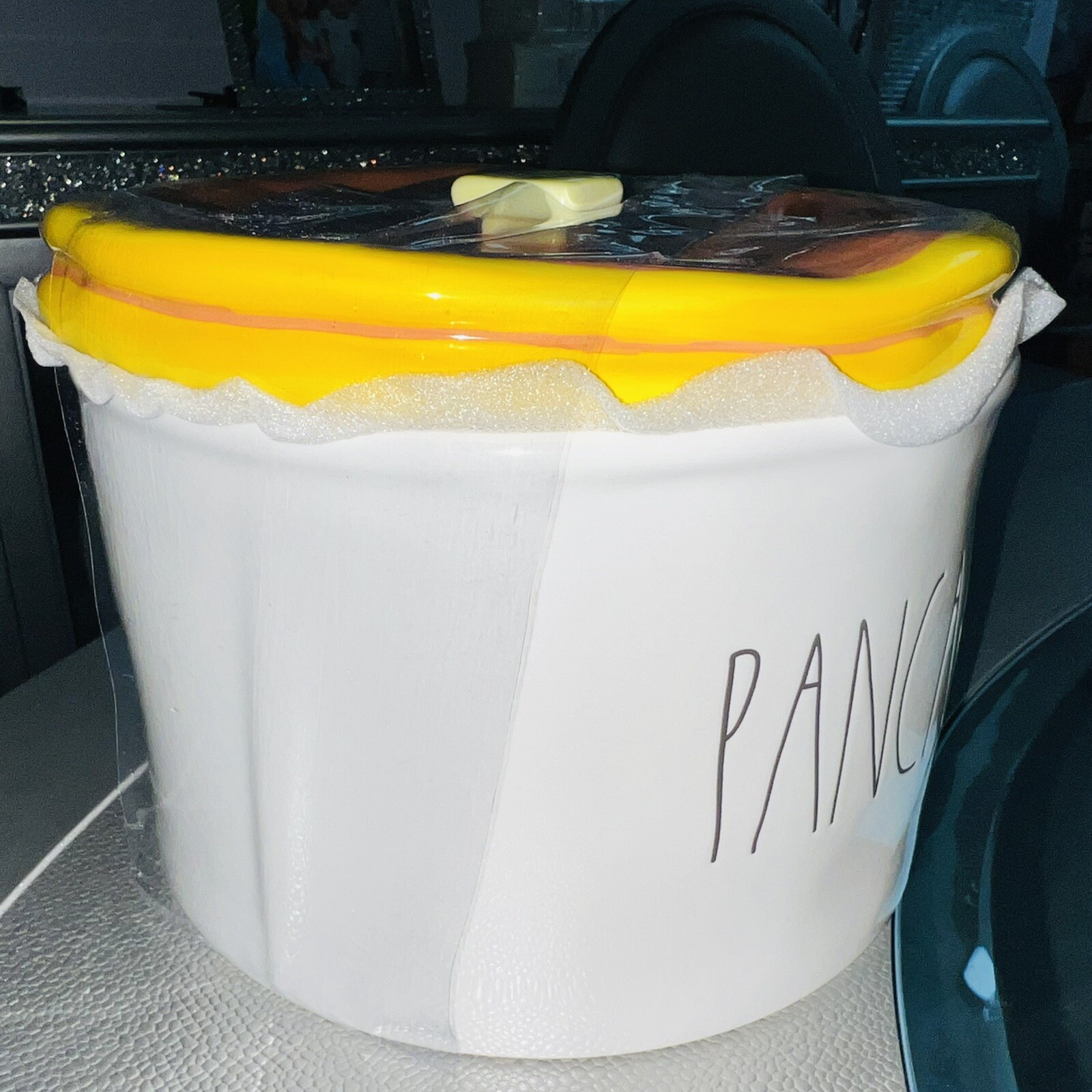 Rae Dunn PANCAKES Warmer Holder Canister Butter Pat Knob Yellow Lid 2