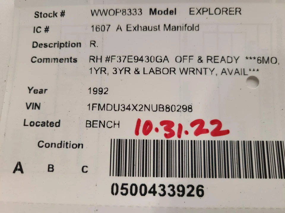 Colector de escape derecho usado se adapta a: Ford Explorer 6-245 1992 4,0 L derecho grado A Foto 3 de 4